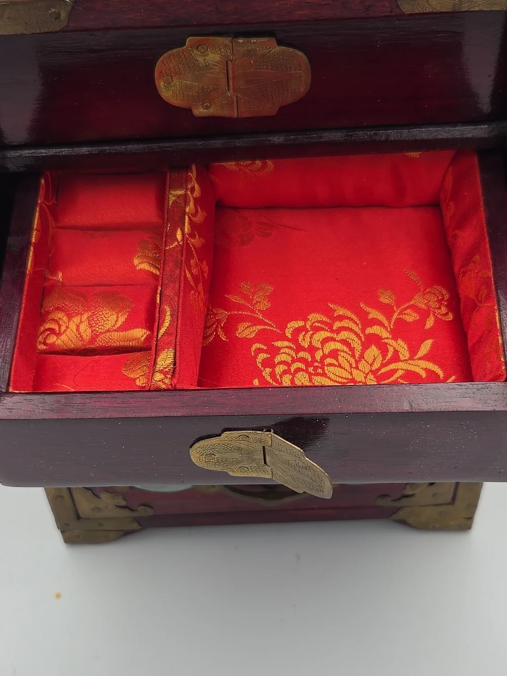 Wood & Brass Jewelry Chest Post 1940 with Jade Inlay - Red